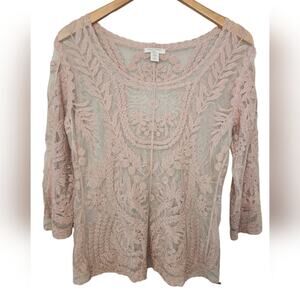 St. Tropez West Embroidered Mesh Sheer top Medium